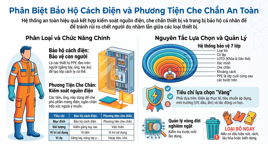 Phân biệt Bảo hộ cách điện và phương tiện che chắn cách điện?