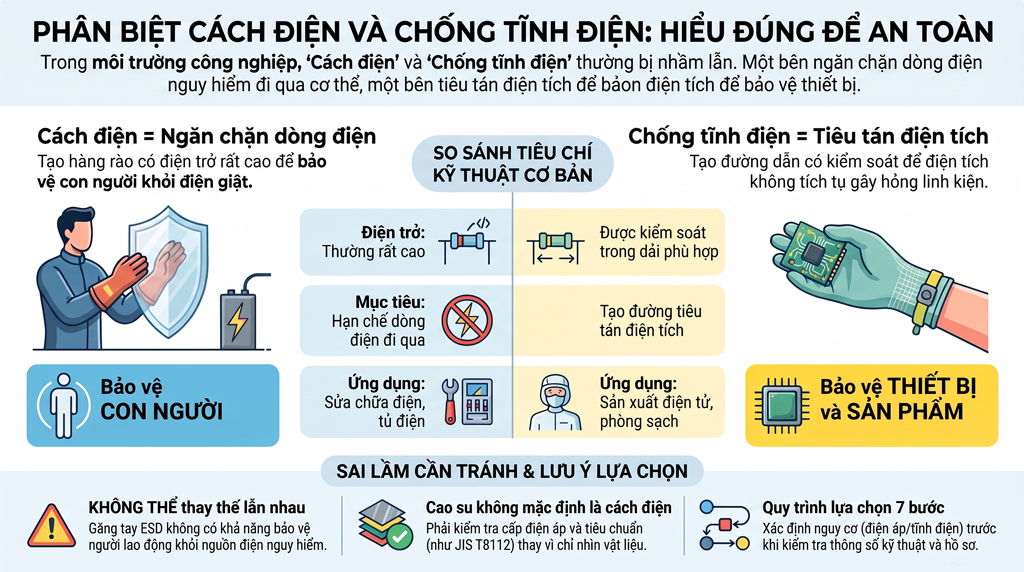 Phân biệt giữa Cách điện và chống tĩnh điện: Hiểu đúng để an toàn