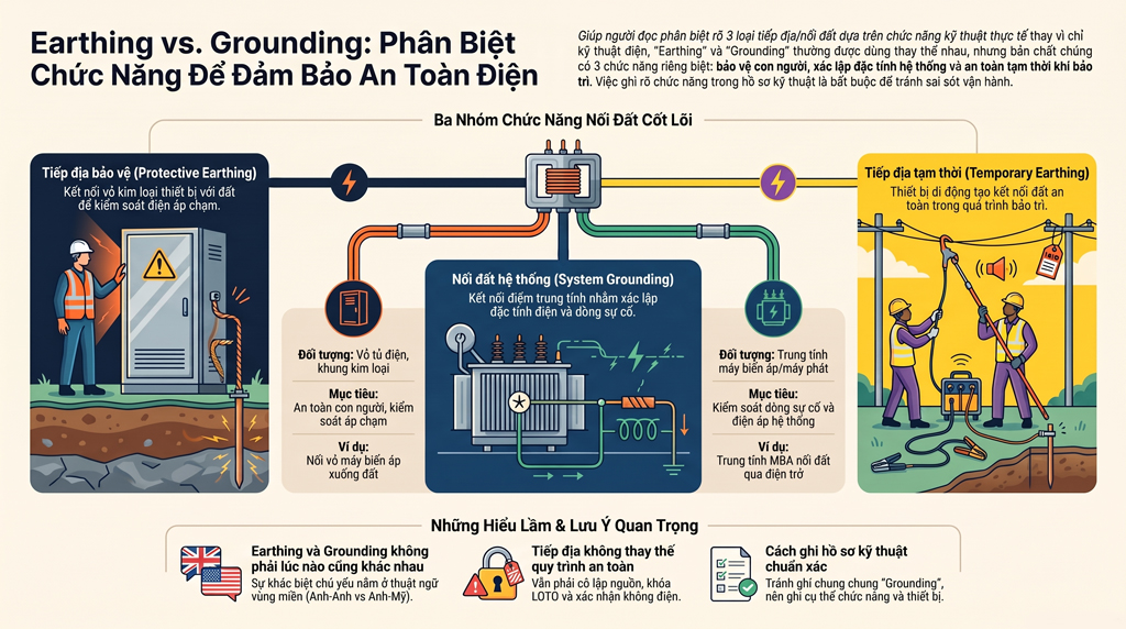 Nối đất và tiếp địa là gì? Phân biệt tiếp địa bảo vệ và nối đất hệ thống điện