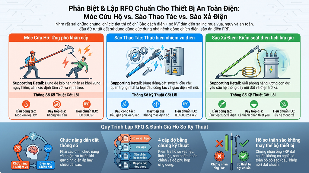 Móc cứu hộ cách điện vs sào thao tác vs sào xả điện | Hướng dẫn RFQ