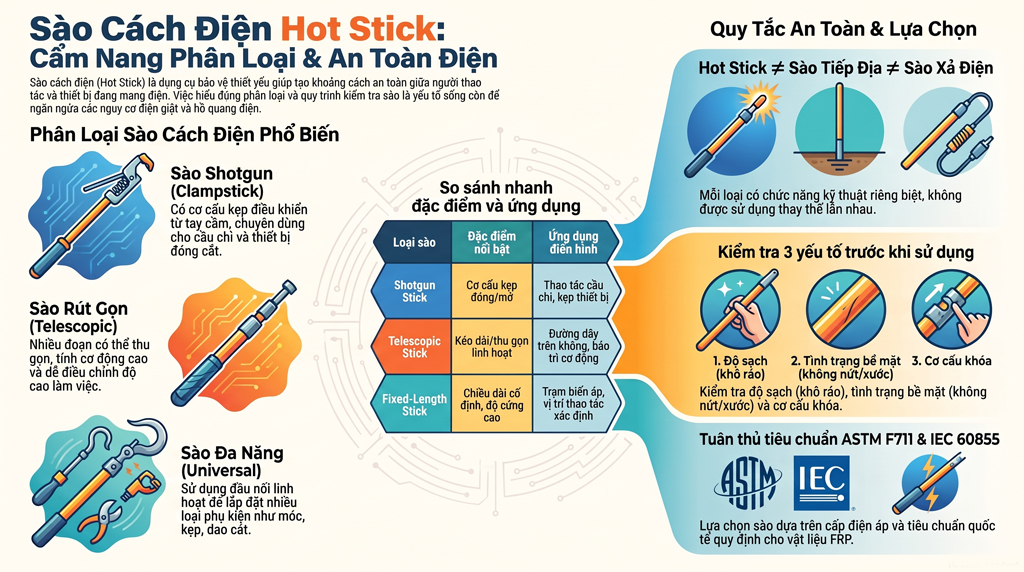 Sào cách điện Hot Stick là gì? Phân loại, ứng dụng và hướng dẫn lựa chọn cho công việc điện