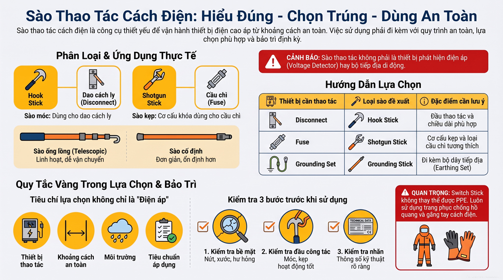 Sào thao tác đóng cắt điện cao áp là gì? Switch Stick, Hot Stick và hướng dẫn lựa chọn