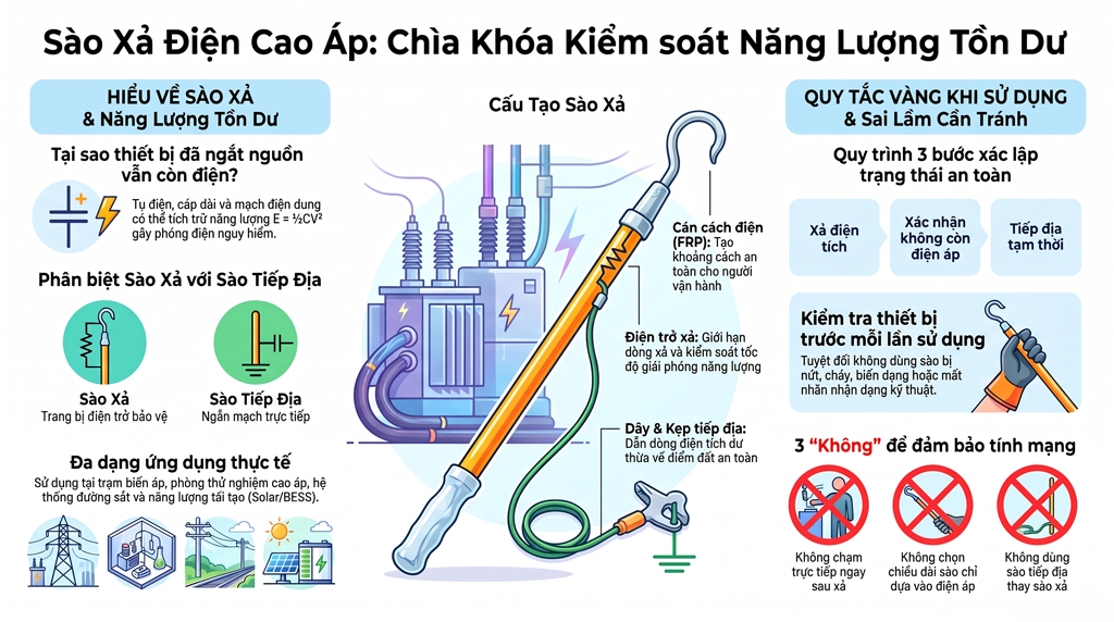 Sào xả điện cao áp là gì? Cấu tạo, nguyên lý, ứng dụng và cách lựa chọn