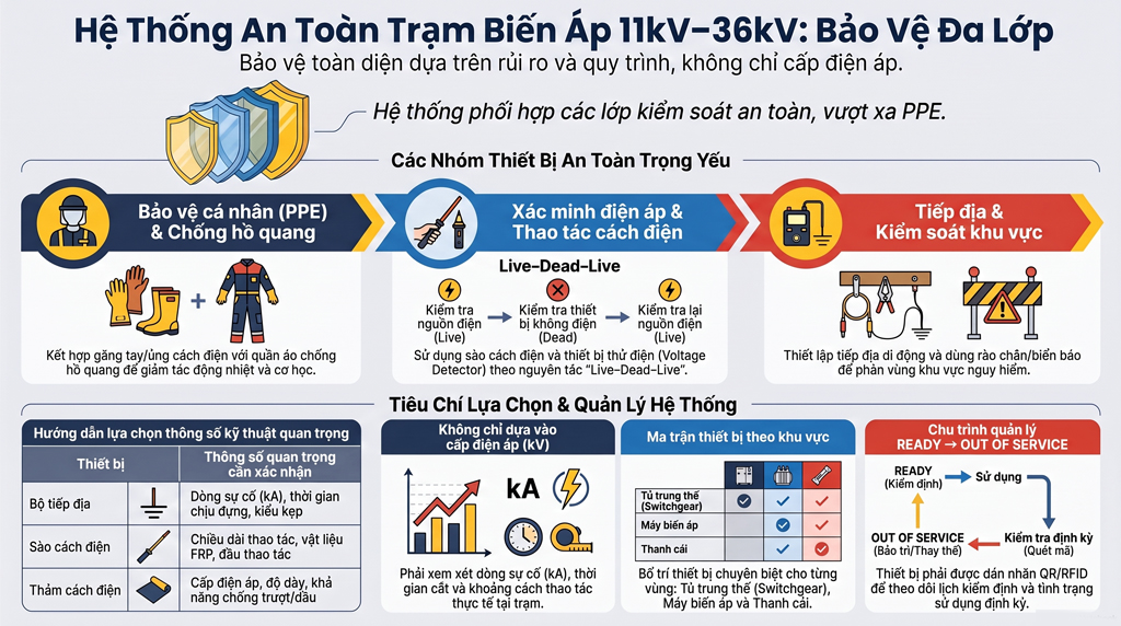 Thiết bị an toàn trạm biến áp 11kV–36kV: Phân loại, lựa chọn và ứng dụng thực tế