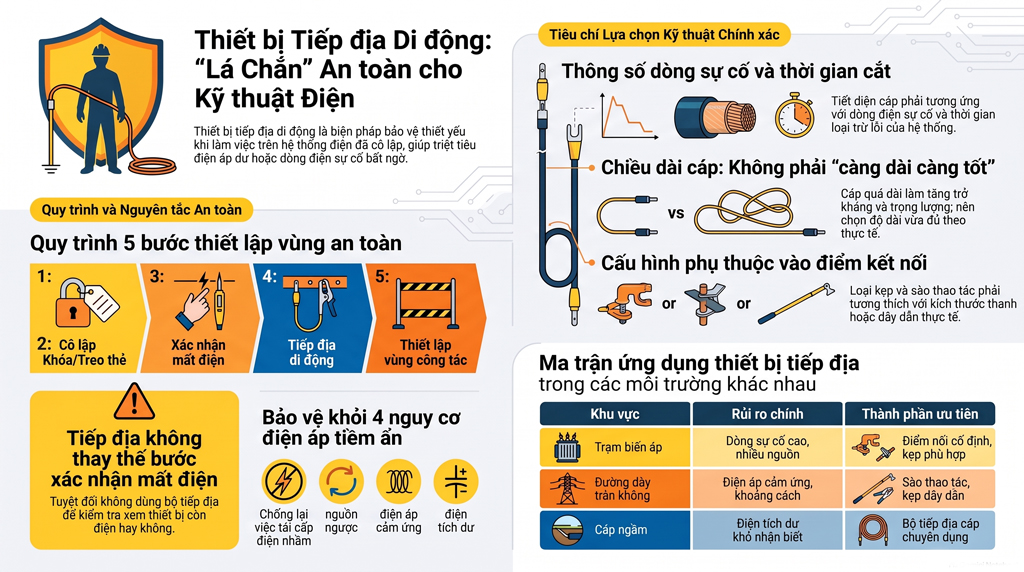 Thiết bị tiếp địa di động dùng để làm gì? Ứng dụng trong trạm biến áp, đường dây và hệ thống điện