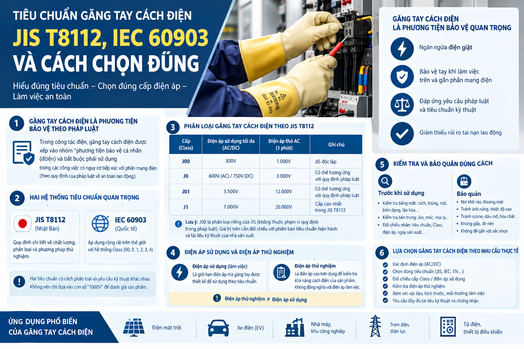 Tiêu Chuẩn Găng Tay Cách Điện: JIS T8112, IEC 60903 và Cách Chọn