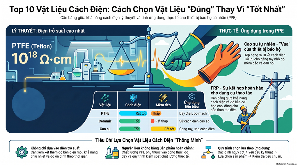 TOP 10 VẬT LIỆU CÁCH ĐIỆN: SO SÁNH KHẢ NĂNG CÁCH ĐIỆN VÀ ỨNG DỤNG THỰC TẾ