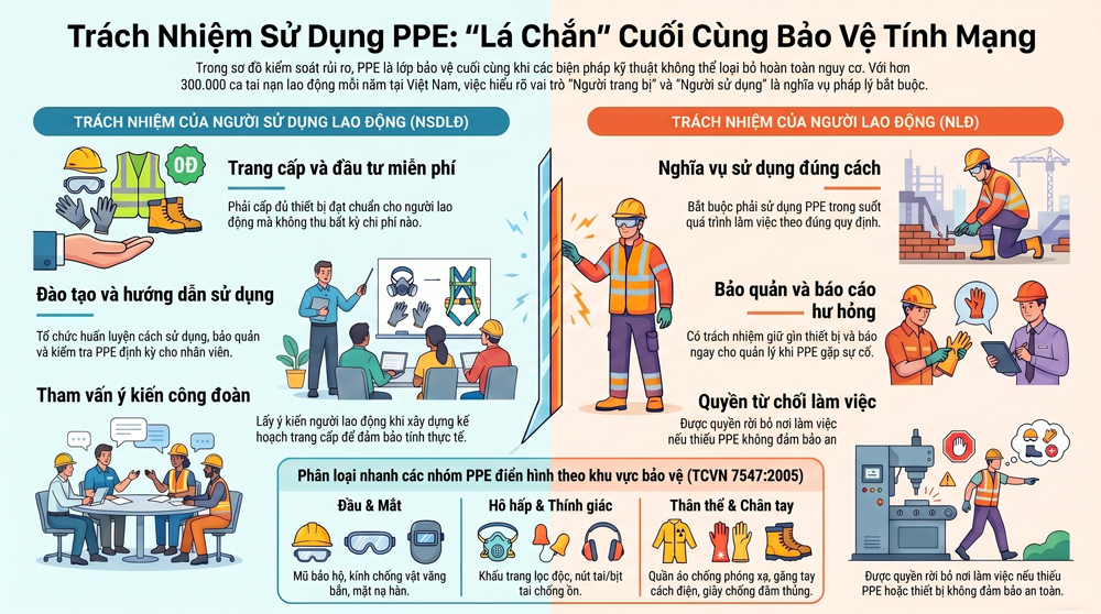 HƯỚNG DẪN CHI TIẾT: TRÁCH NHIỆM TRONG TRANG CẤP VÀ SỬ DỤNG PHƯƠNG TIỆN BẢO VỆ CÁ NHÂN (PPE)