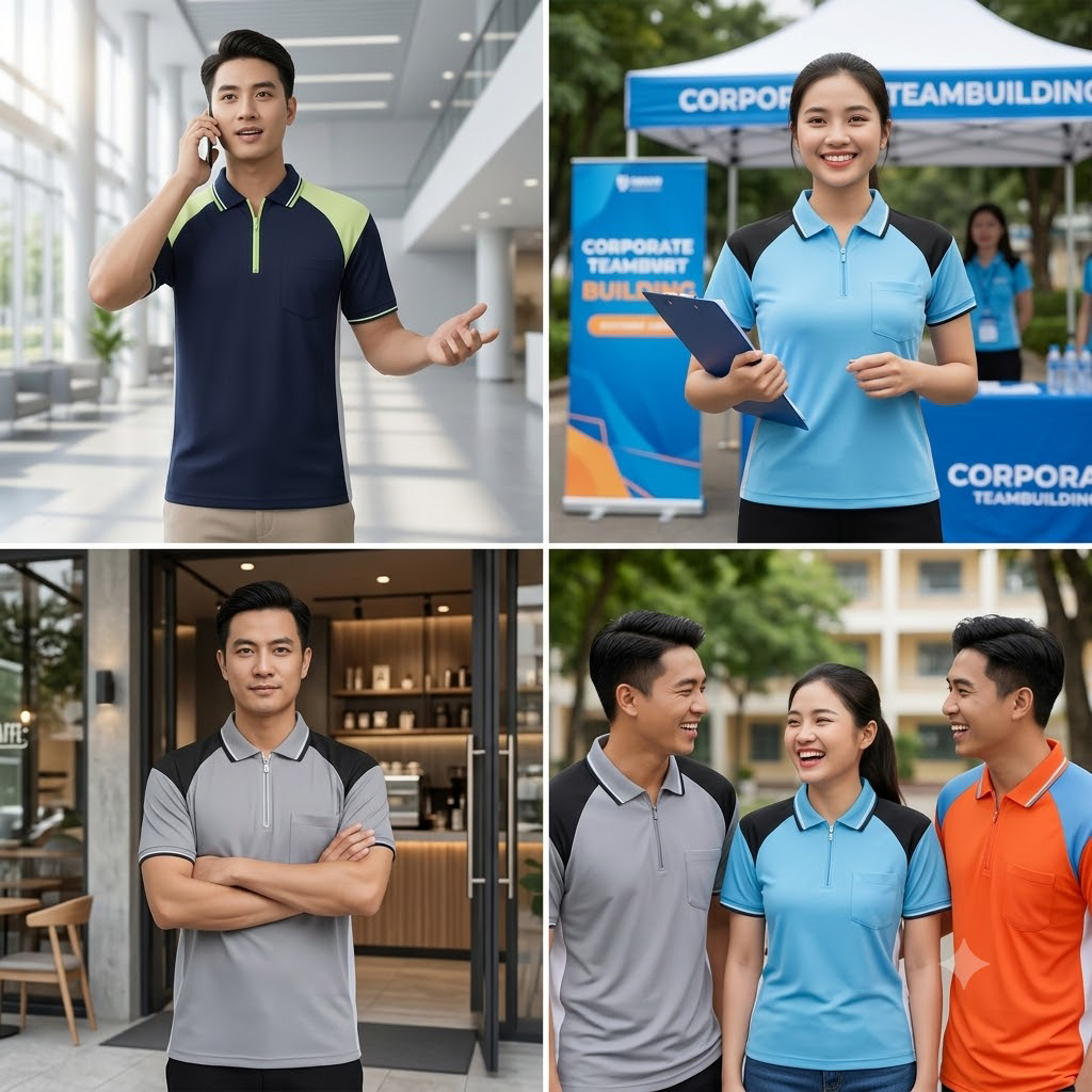 Áo thun đồng phục cổ dây kéo CL-T-SHIRT-TC001: Vải thun trơn TC 65/35 co giãn 4 chiều