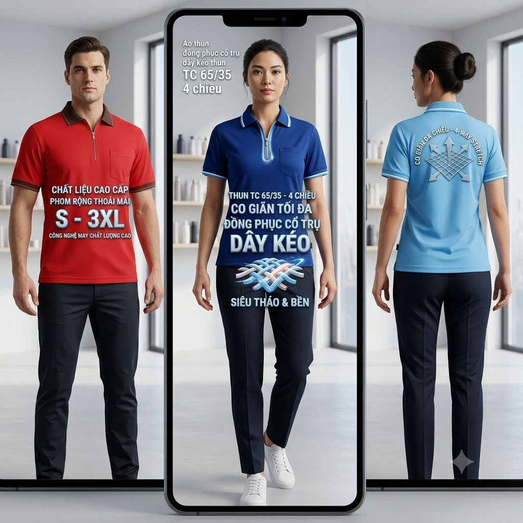 Áo thun đồng phục cổ dây kéo CL-T-SHIRT-TC002: Vải thun TC 65/35 4 chiều