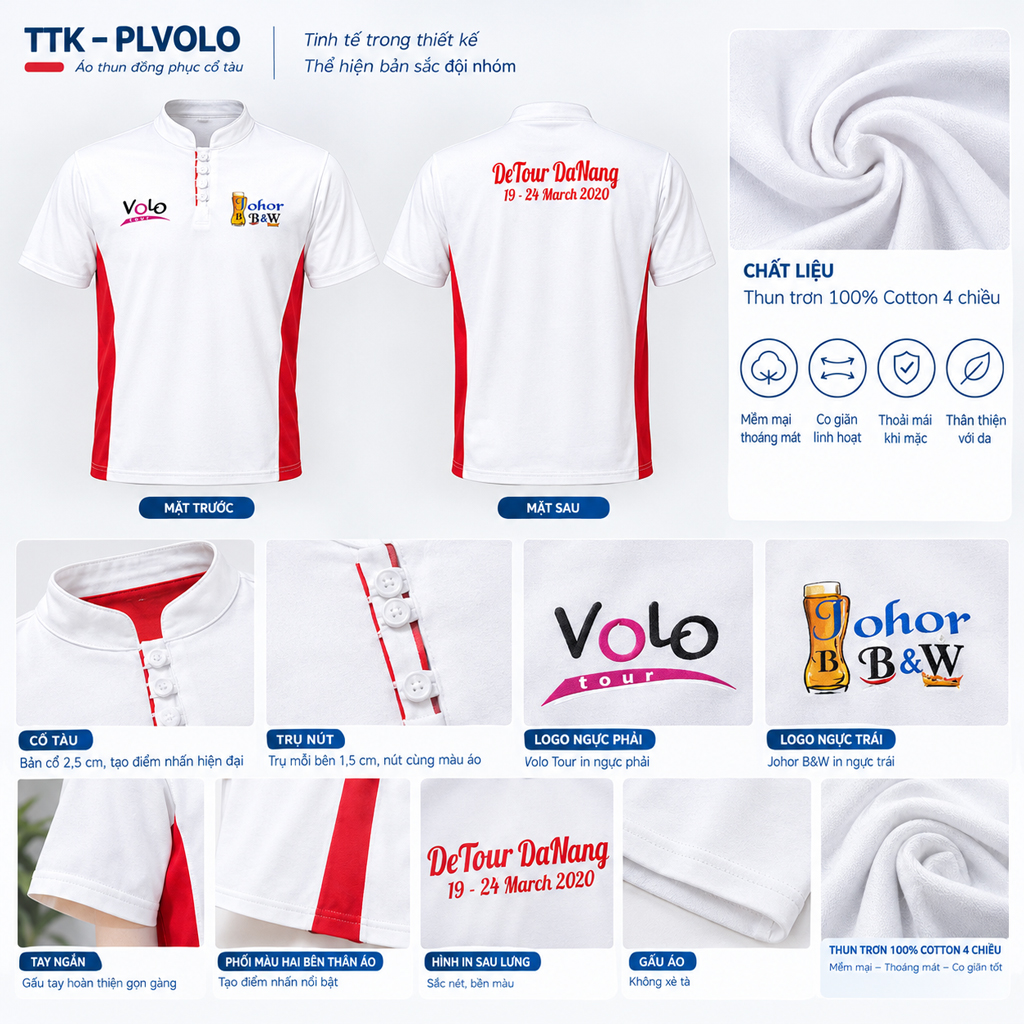 Áo Thun Đồng Phục Cổ Tàu TTK-PLVOLO | Thun Trơn 100% Cotton 4 Chiều