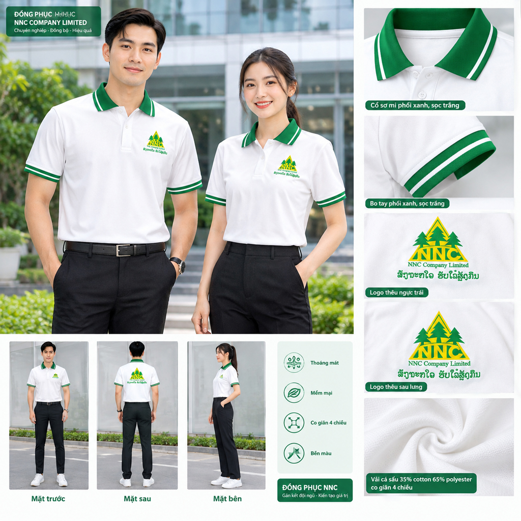 Áo Polo Đồng Phục TTK-PLNNC  – Thiết Kế Trắng Phối Xanh, In Logo Theo Yêu Cầu