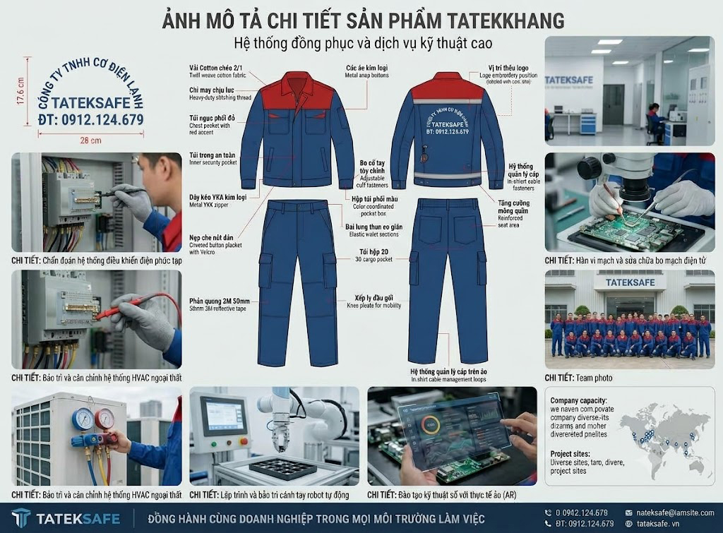 Bộ quần áo bảo hộ lao động TATEKSAFE TTK-UFCDPT – Vải kaki 65/35, phối xanh dương đỏ