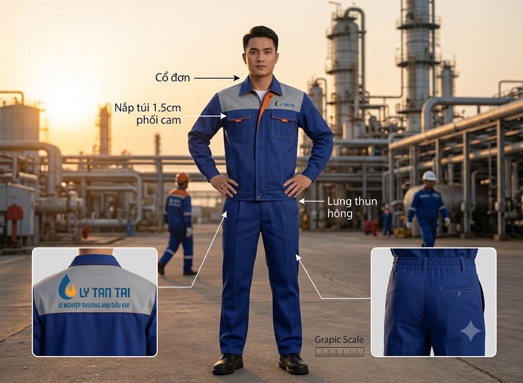 Bộ Quần Áo Bảo Hộ Lao Động TTK-UFLTTAI – Đồng Phục Phối Màu Xanh Dương và Xám