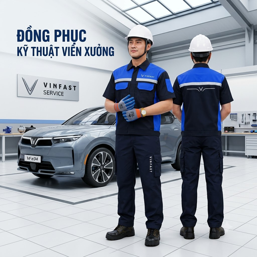 Đồng Phục Kỹ Thuật Viên Xưởng Dịch Vụ TTK-UFVINFAST: Áo Cộc Tay Kaki Phối Xanh, Phản Quang