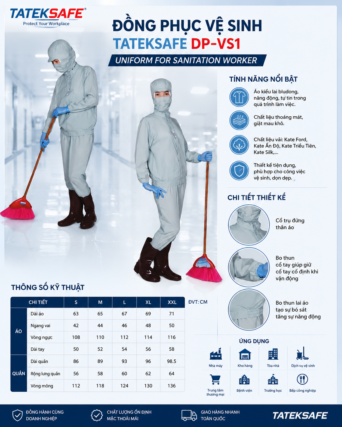 Đồng phục vệ sinh TATEKSAFE DP-VS1 – Quần áo chuyên dụng cho nhân viên vệ sinh và khu vực sản xuất
