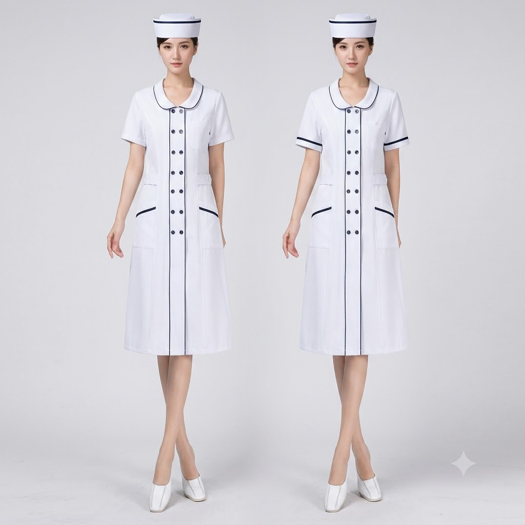 Đồng Phục Điều Dưỡng Nữ Mùa Hè YT-DDNU01H: Mẫu Váy Liền Thân Phối Viền Navy Chuẩn Bộ Y Tế