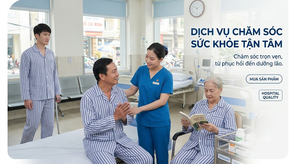 Trang Phục Bệnh Nhân YT-BNT01 – Bộ Pyjama Kẻ Sọc Cổ Ve Cổ Điển, Chuẩn Thiết Kế Bộ Y Tế