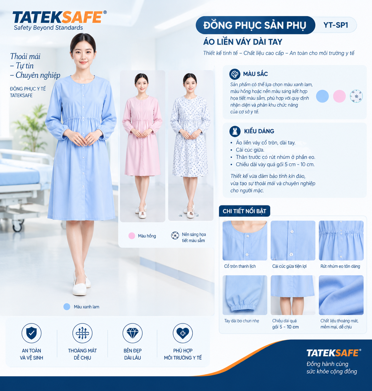 Đồng Phục Sản Phụ TATEKSAFE YT-SP01 – Áo Liền Váy Dài Tay Thoải Mái, Tinh Tế Cho Môi Trường Y Tế