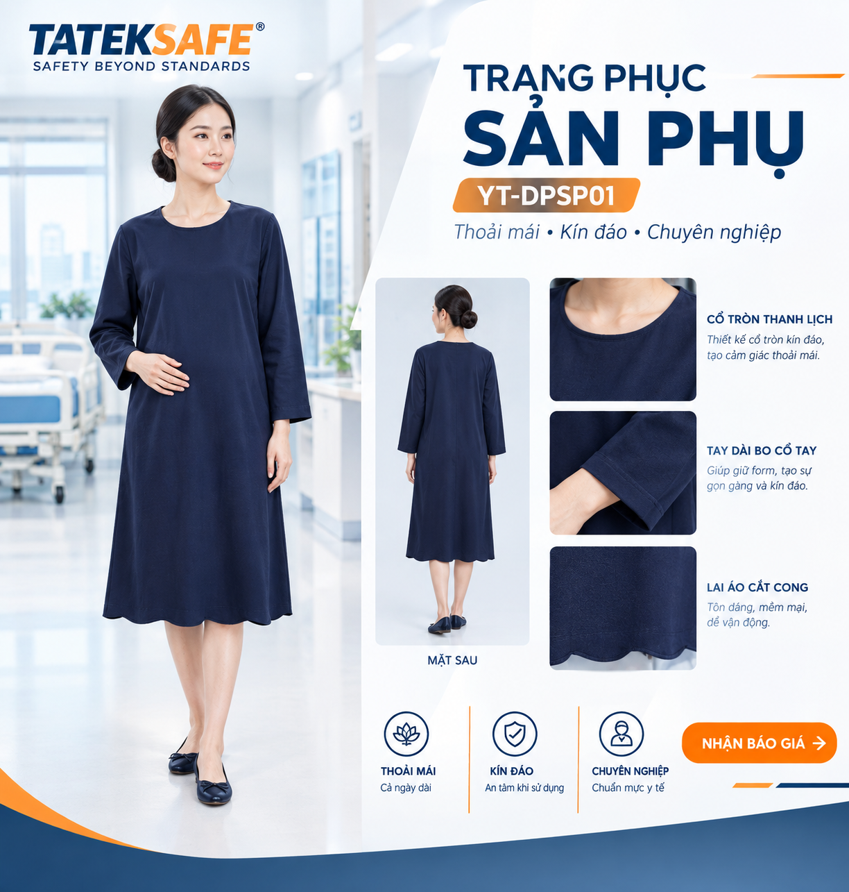 Đồng Phục Sản Phụ TATEKSAFE YT-SP02 – Phiên Bản Đầm Suông Dáng Rộng Tối Ưu Sự Thoải Mái