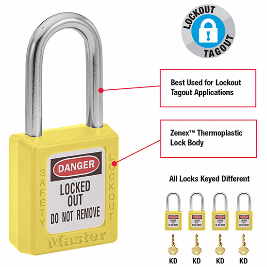 Khóa an toàn còng thép chìa khác nhau Master Lock 410YLW — ảnh 4