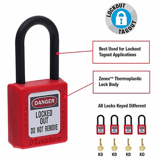 Khóa móc an toàn nhựa nhiệt dẻo còng nylon 6mm Master Lock 406RED