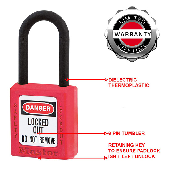Khóa móc an toàn nhựa nhiệt dẻo còng nylon 6mm Master Lock 406RED